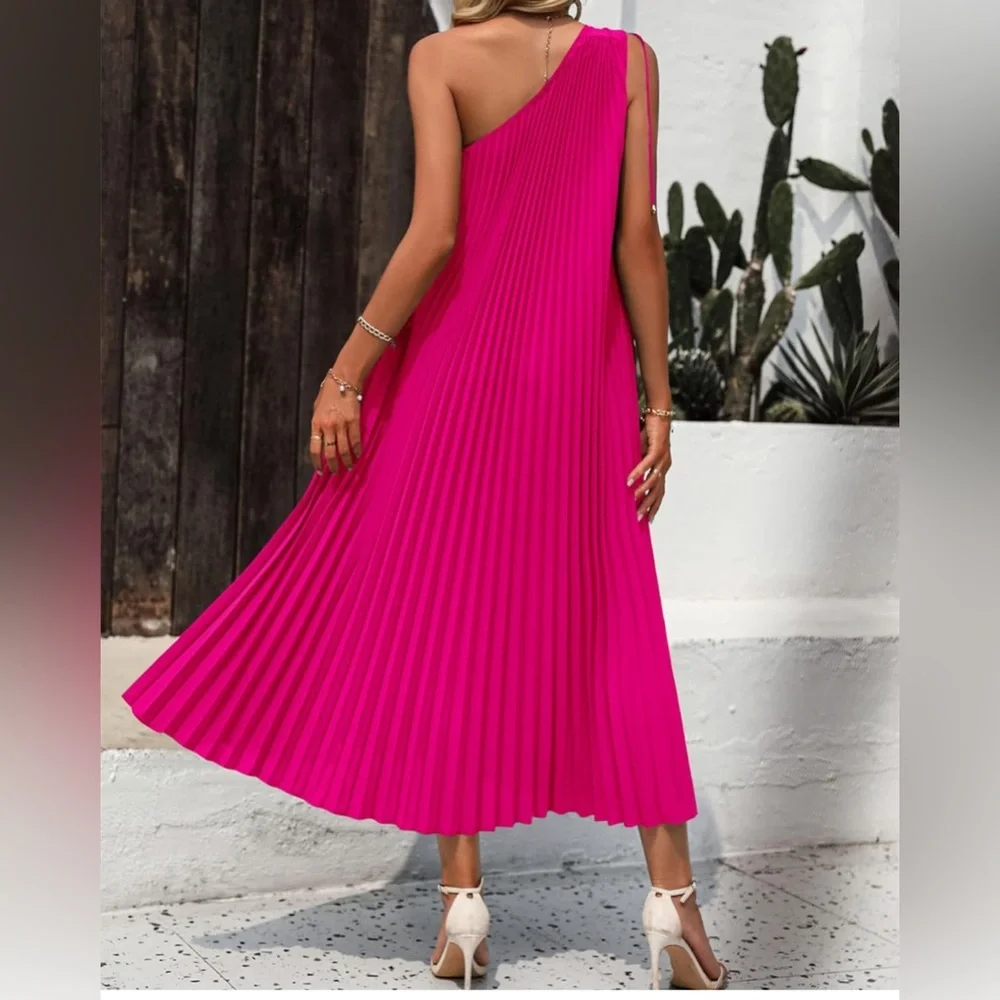 BTFBM Women's Drawstring One Shoulder Maxi Dresses Summer Sleeveless - Picture 3 of 8